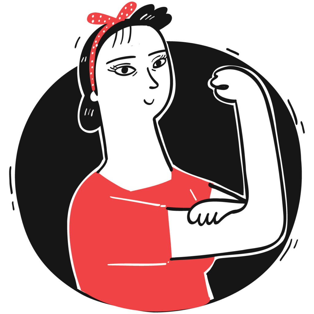 A black and white drawing of a woman with a red shirt posing with her arm up like Rosie the Riveter