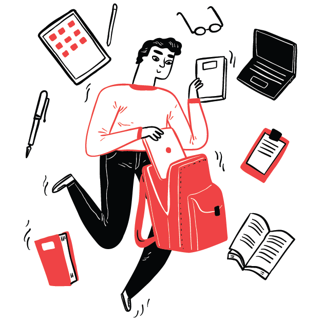 A black and white cartoon-style person looking through a book bag surrounded by laptop, notebook glasses, tablet, pen, and books